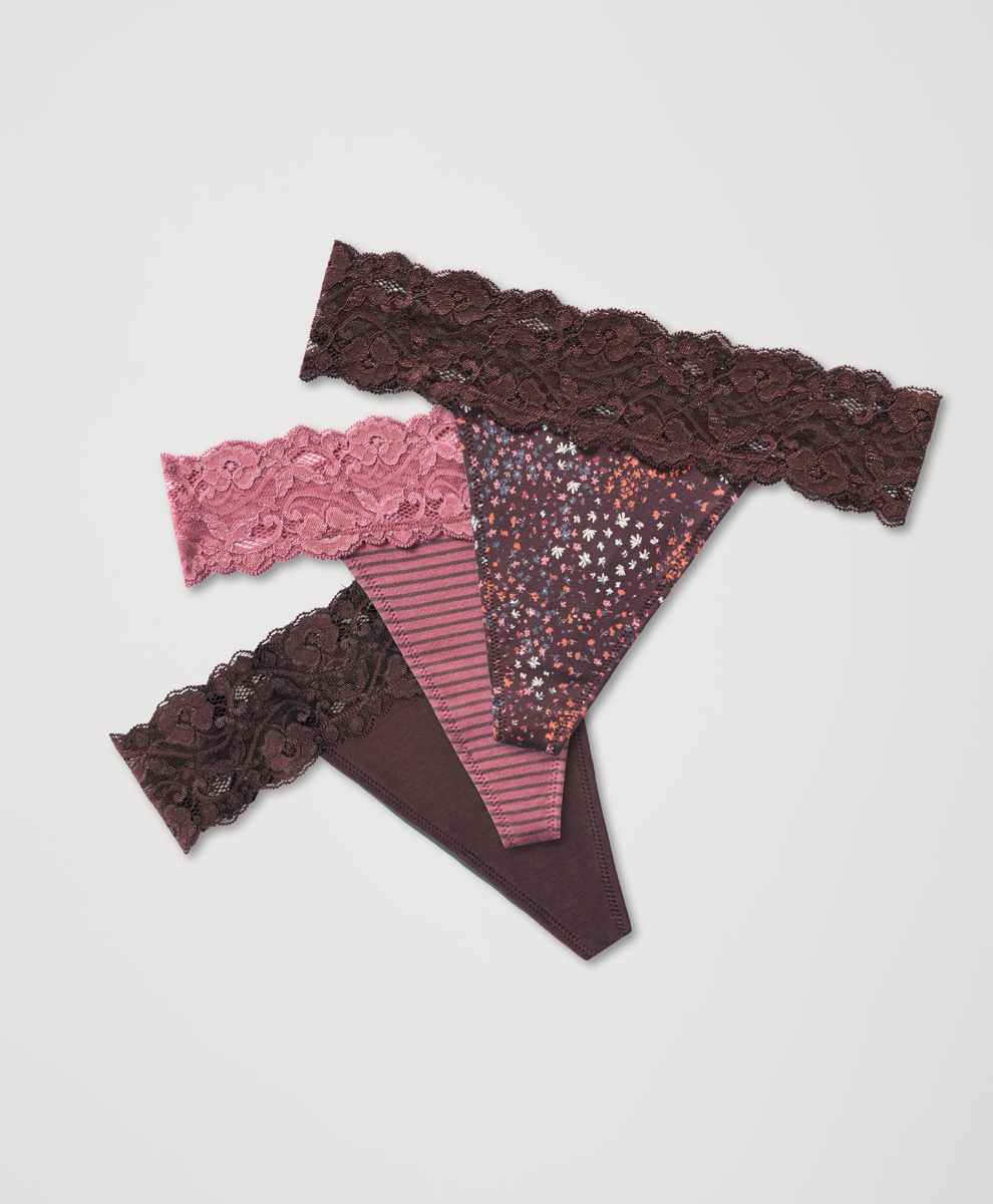 PACT Women's Rosewater Lace Waist Thong 3-Pack XS