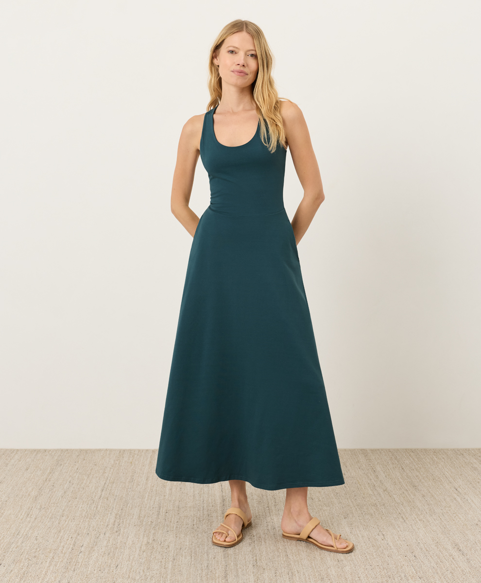 PACT Women's Deep Aqua Fit & Flare Open Back Maxi Dress M