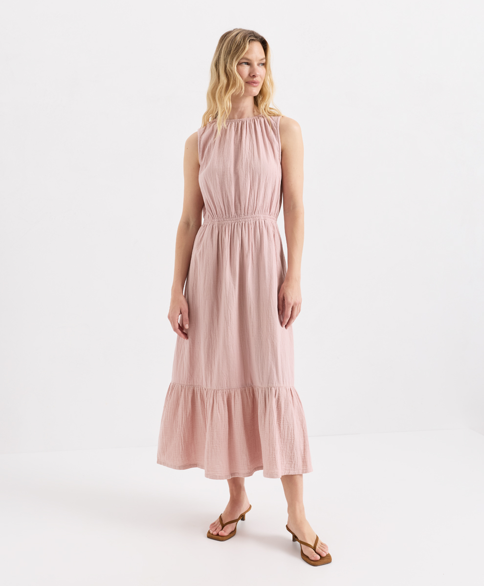 Womens Coastal Double Gauze Tiered Midi Dress