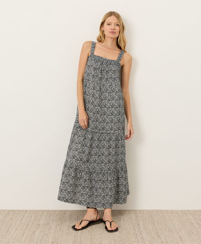 black midi ruffle dress Black Smocked Ruffle Shoulder Midi Dress – SSYS