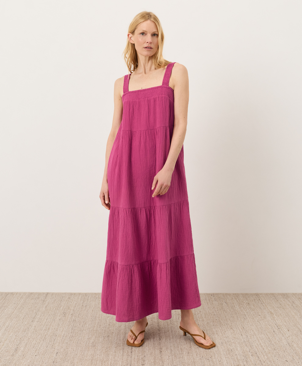 PACT Women's Cactus Flower Pink Coastal Double Gauze Strappy Tiered Maxi Dress XS