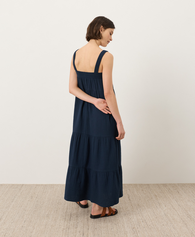 cotton gauze tiered maxi dress Woven Cotton Gauze Cross Back Ruffle Maxi Dress S / Black