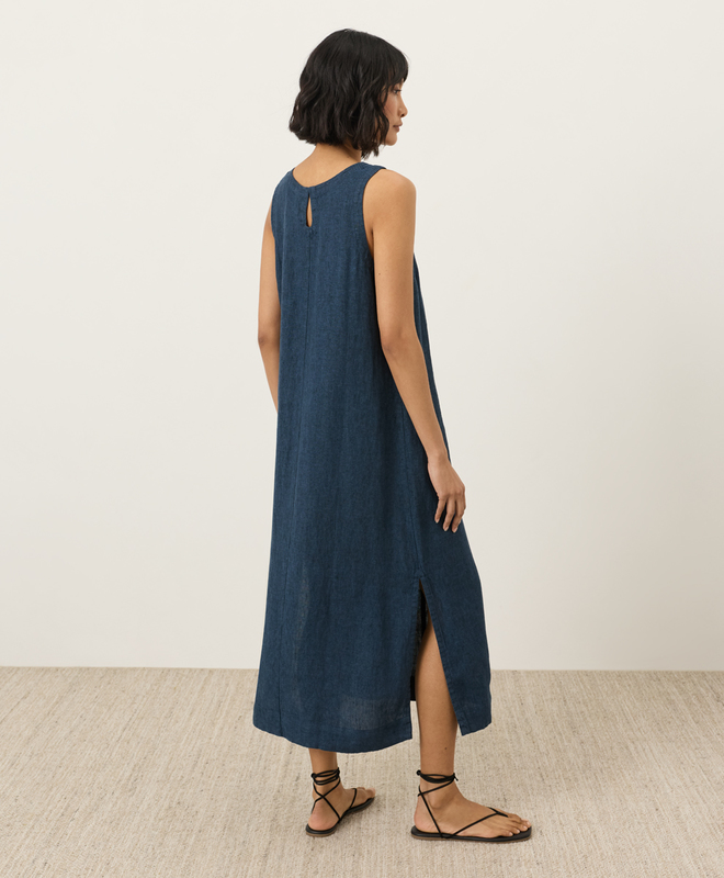 Women's Organic Linen Easy Tank Dress in Navy Yarn Dye | Women's Small | Fair Trade by p a c t