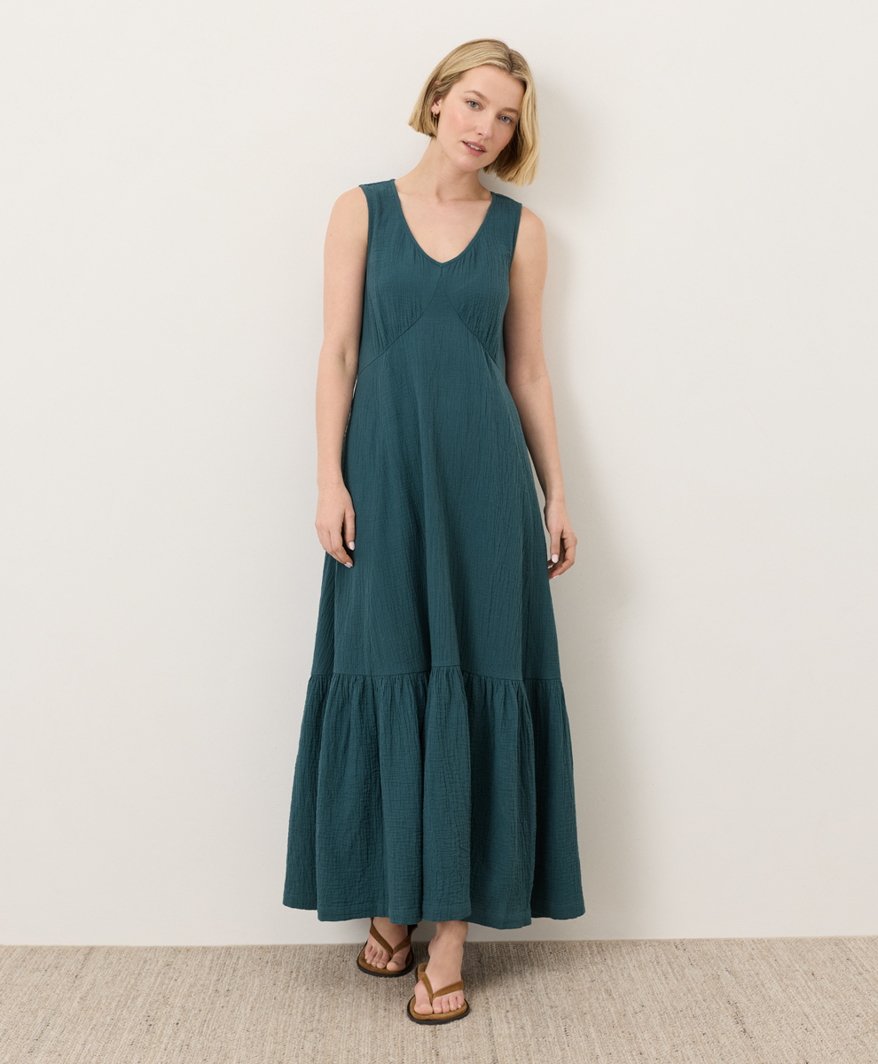 PACT Women's Deep Aqua Coastal Double Gauze Beach To Brunch Maxi Dress XS