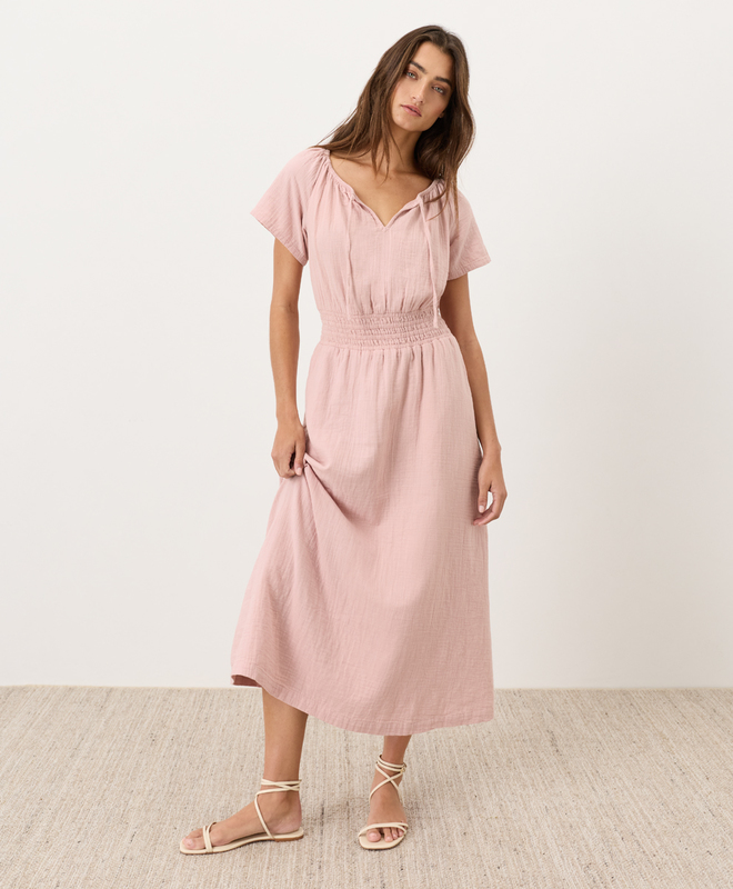 boho midi dress Dreamer Blue this dress features a button THML Embroidered Trim Printed Tiered