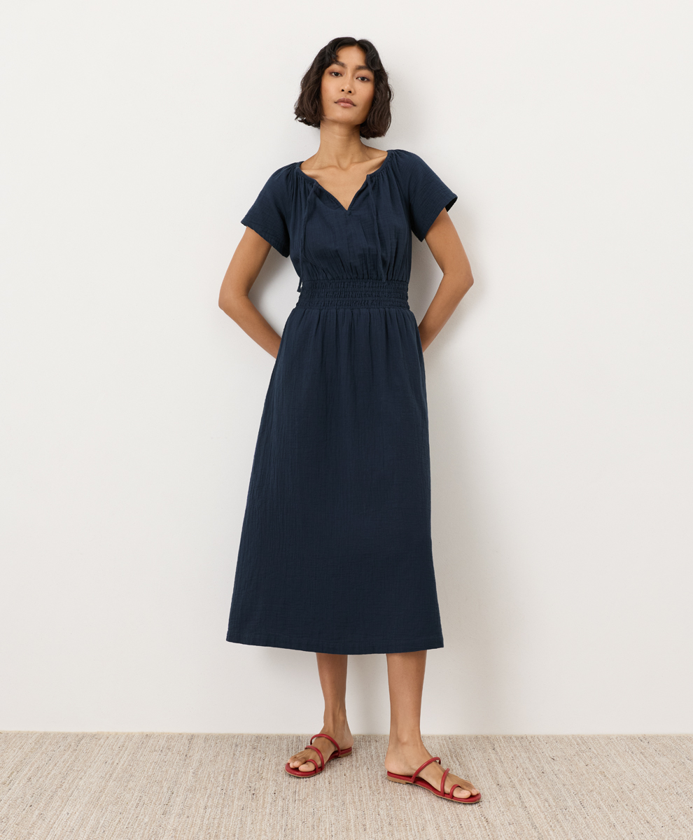 Womens Coastal Double Gauze Boho Midi Dress