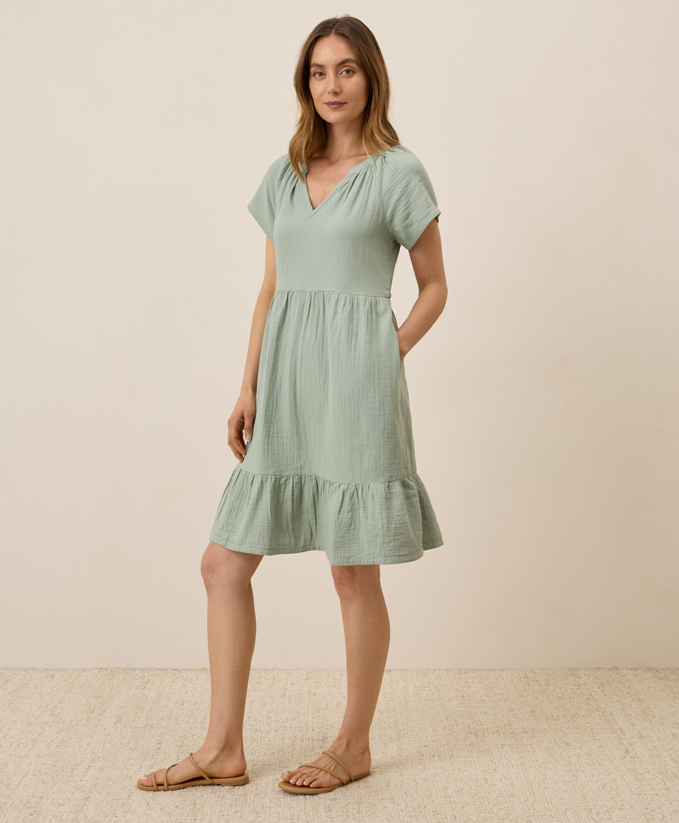 coastal double gauze short sleeve dress Organic Cotton Coastal Double Gauze Tie Waist Midi Dress (Women)