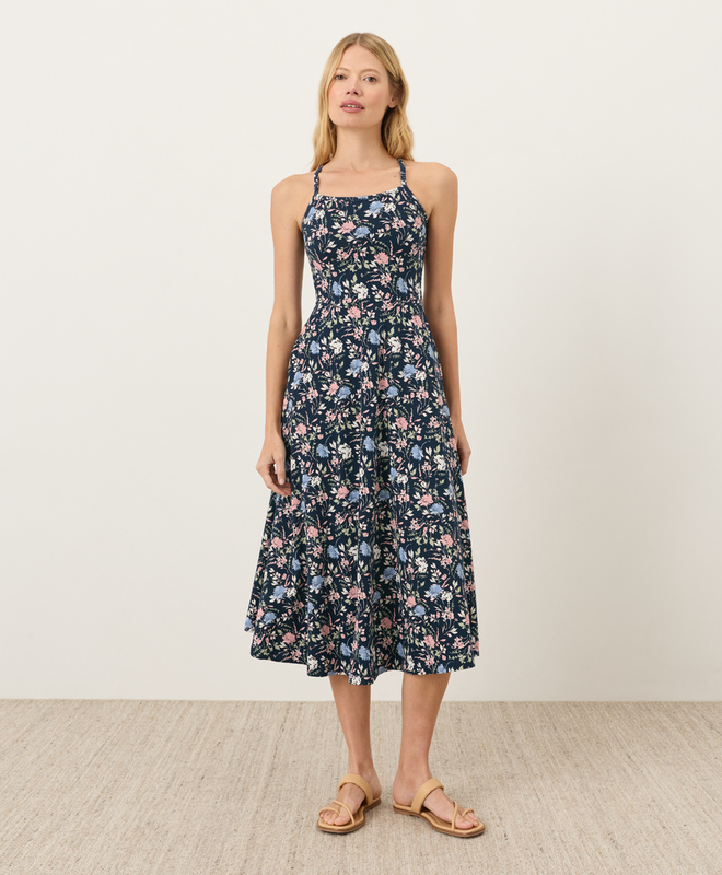 Women's Organic Fit & Flare Midi Dress in Dayspring Blooms Navy Blue | Size XS, Short | Fair Trade by p a c t