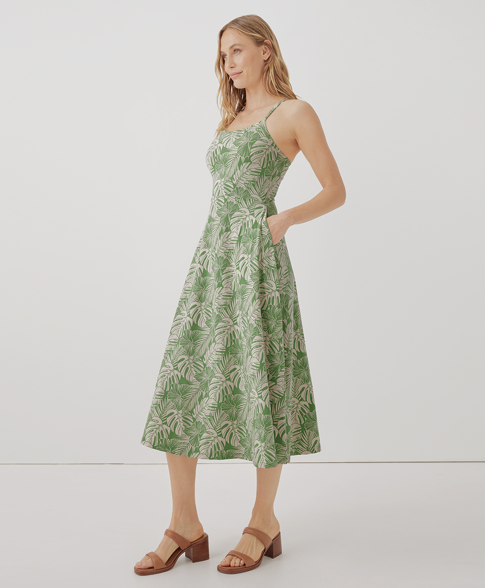 pact green dress Women's Organic Cotton Fit & Flare Cap Sleeve Midi Dress