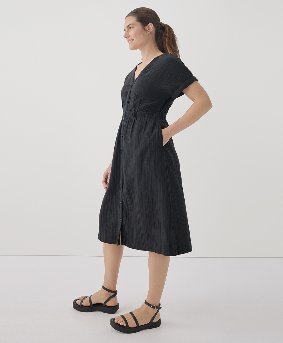 pact short sleeve dress PACT Fit-and-Flare Crossover Dress Women's Dress Black : XS